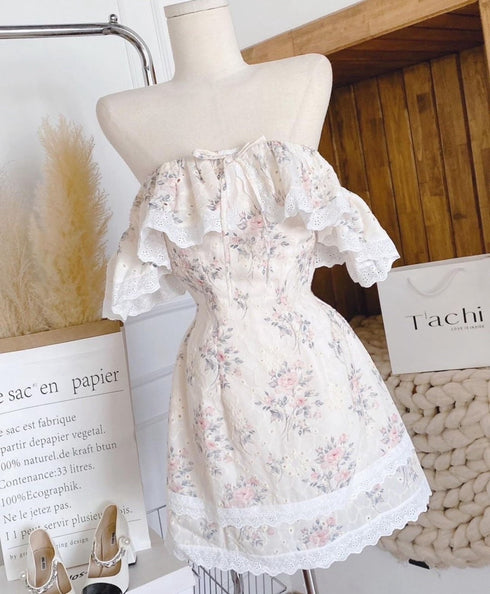 Women Ruffle Off-Shoulder Lace Border Floral Mini Dress with Cute Hairband